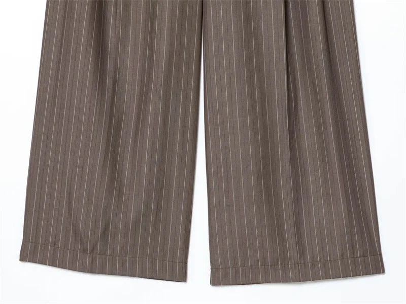 Women's Suit 2025 New Fashion Autumn Striped Shoulder Pads Belt Blazer and Pleated Pants Suit for Women Casual Chic Ladies Set