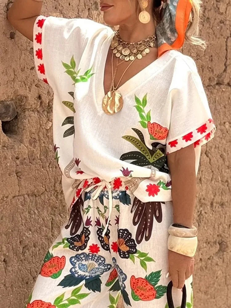 Women's Two-piece Set Tribal Style Printed V-Neck Blouses Casual Loose Drawstring Elasticity Pants Fashion Female Pants