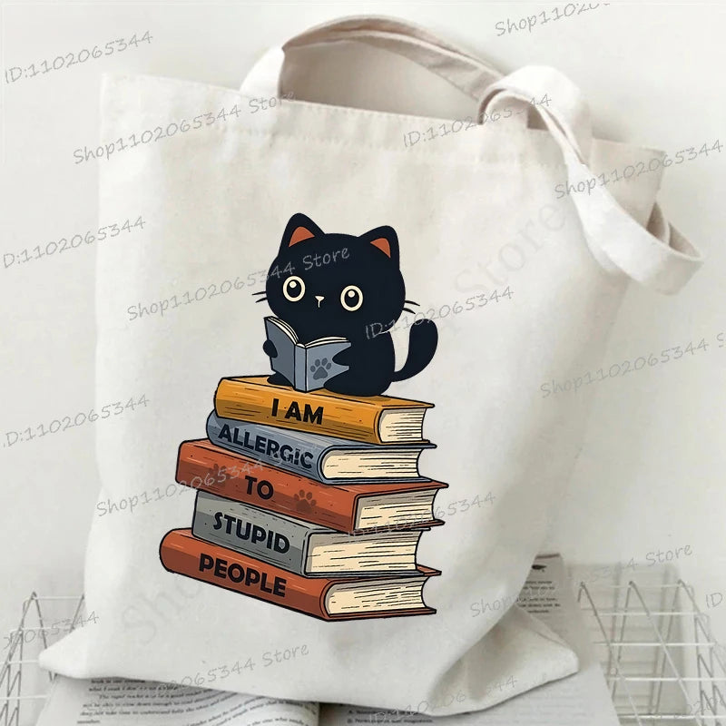 Women's Handbags Meme Cat Funny Canvas Shopping Bags Cartoon Animal Shoulder Bag Folding Reusable Tote Bags For Women Men