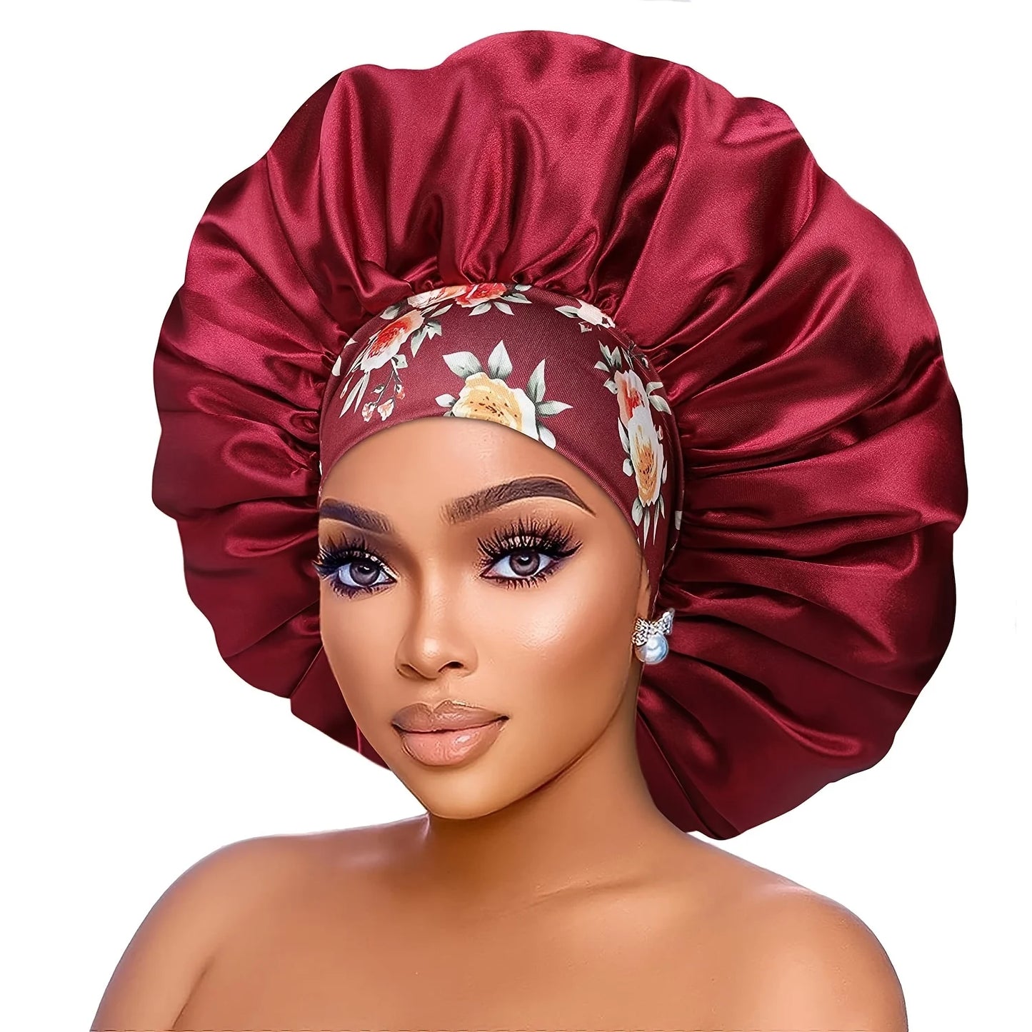 Women's Fashion Bonnet Flower Printed Hair Hat with Wide Edge Elastic Silk Smooth Satin Face for Daily Home Sleep Hat