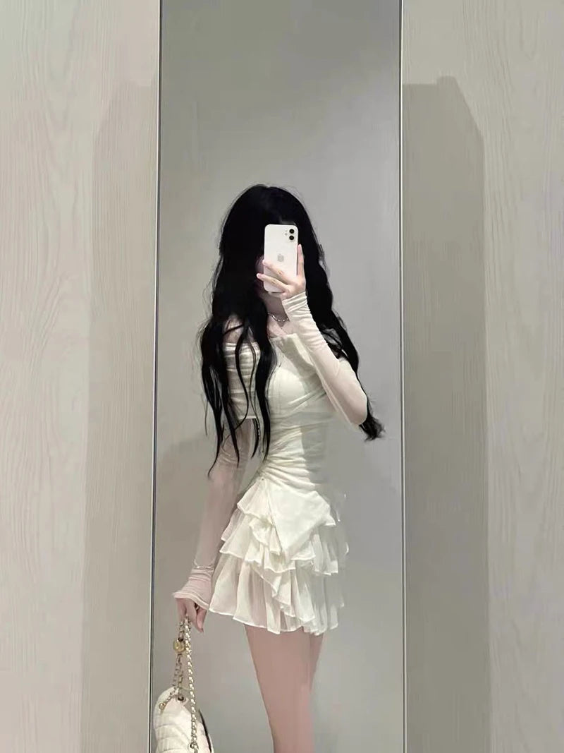 Skirts Sets Women Summer Slim Solid Irregular Skew Collar Ladies Long Sleeve T Shirt Fashion Chic Sweet Ruffles Ball Gown New