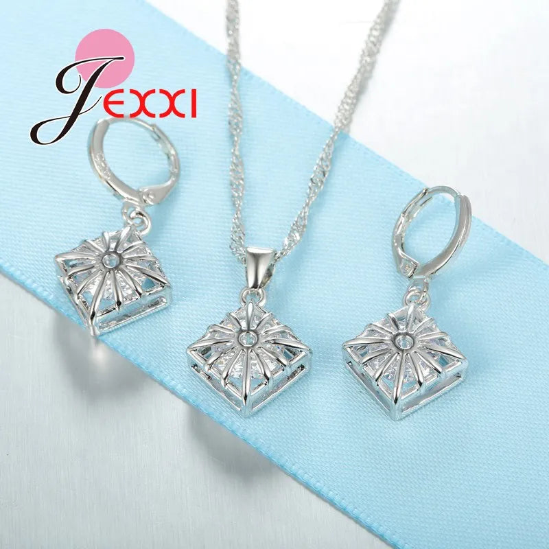Trendy Women Wedding Jewelry Set 925Sterling Silver Color Color Austrian Crystal Pendant Fashion Necklace + Earrings Set