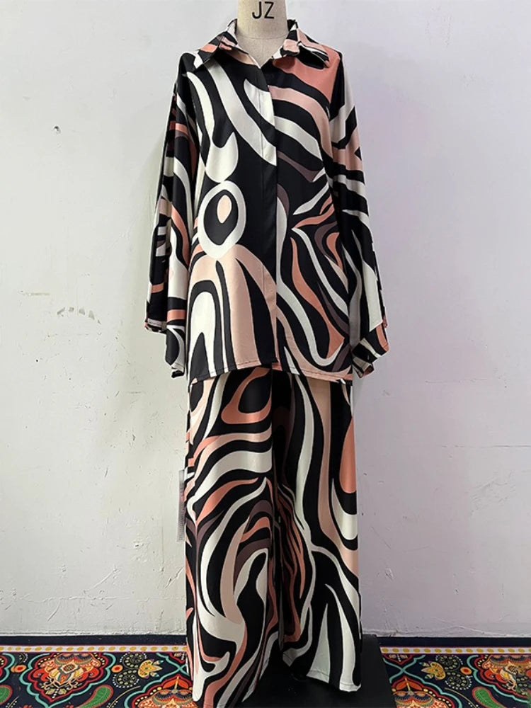 Women's Two Pieces Set Spring  Autumn New Elegant Printed Long Sleeves Tops Suits Fashionable Casual Loose Wide Leg Pants Sets