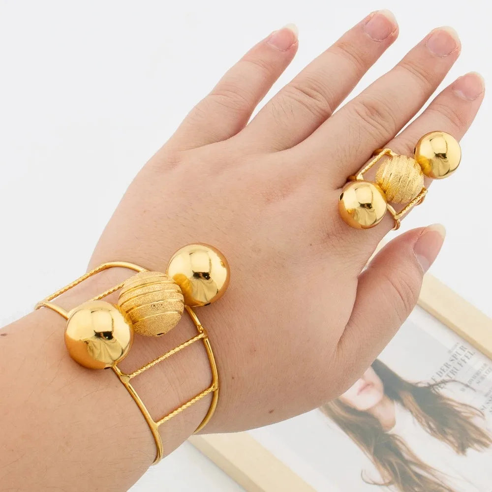 Stainless Steel Beads Bangle Rings for Women Gold Plated Geometric Ball Bead Open Ring Waterproof Aesthetic Punk Jewelry