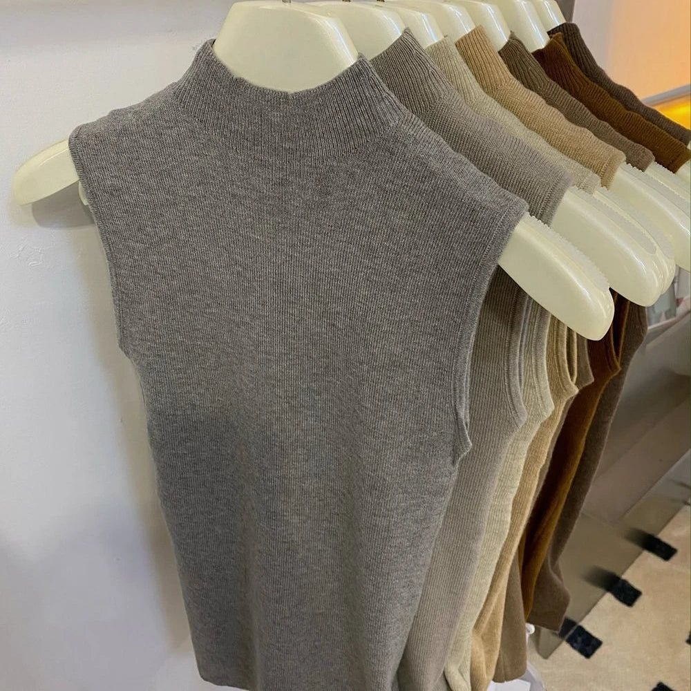 Sweater Vests Women Simple Half High Collar Fashion Autumn Basic Slim Sleeveless Sweaters All-match Ulzzang Leisure Knitting Ins