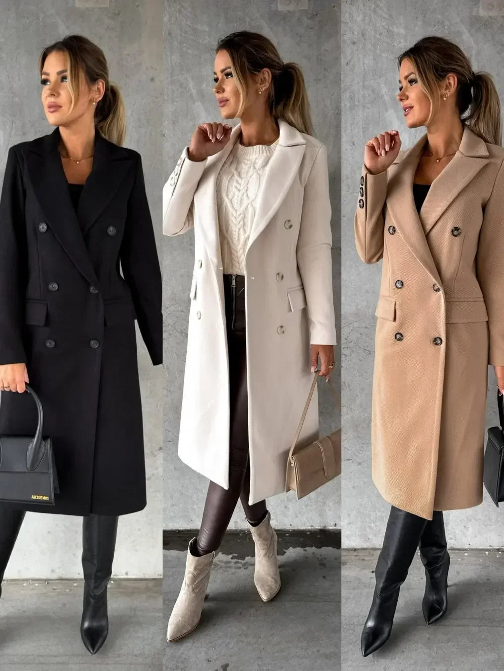Women Double Breasted Woolen Outerwear Solid Color Long Overcoat Commuter Style Turndown Collar Lady Outerwear for Autumn Winter