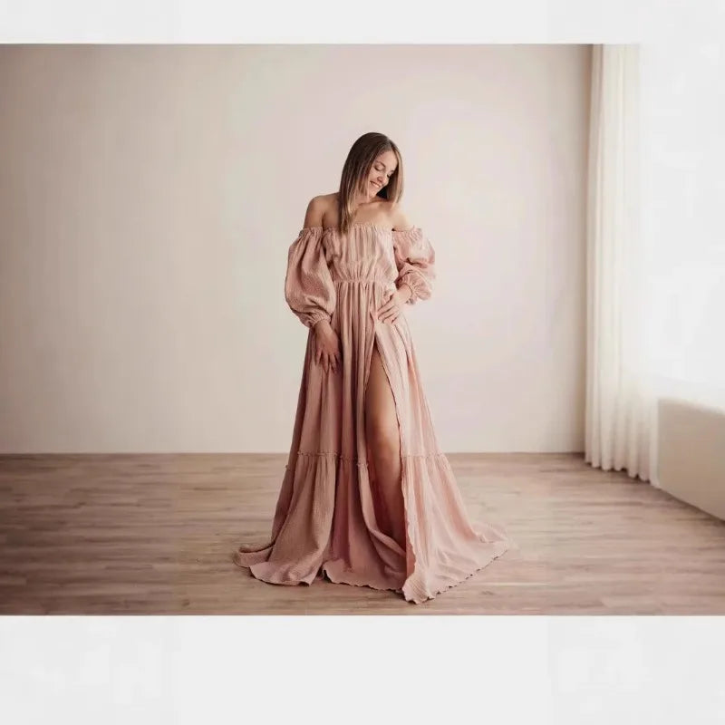 Maternity Photoshoot Dress - Sexy Off-Shoulder Gown Playful Puff Sleeves & Leg-Baring Slit Clothes for Pregnant Women Photograph