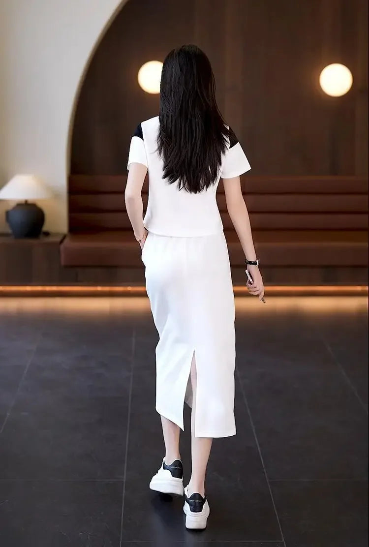 Women's Two Piece Set Short Sleeve Lightly Cooked Slit Skirt Luxury Designer Clothing Y2k Clothes Top and Bottom Female Outfits