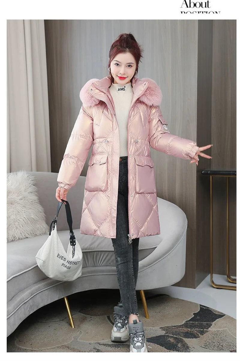 Champagne Winter Jacket Parkas Women Coat Fur Collar Hooded Overcoat Female Jacket Thick Warm Cotton Padded Puffer Parka Outwear