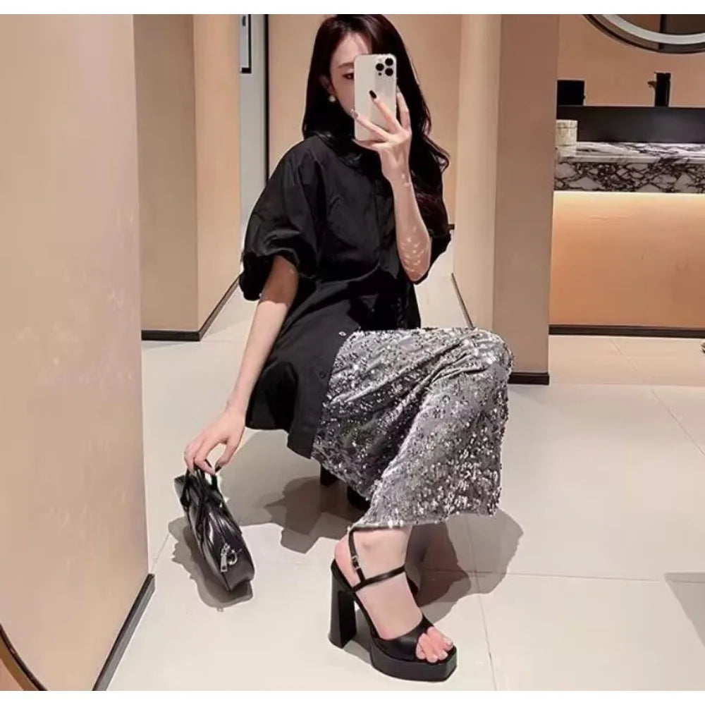 Women Sandals  Fashion Waterproof Platform Thick Heel Shoes Concise Buckle Strap Model Womens Sexy High Heels