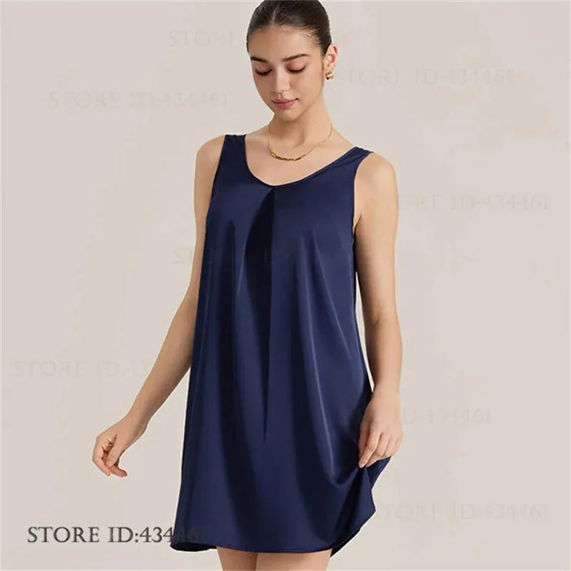Women Nightgown Lingerie Ice Silk Sleepwear Sexy Nightshirt Sleeveless Night Dress Sleep Shirt Female Sexy Home Dress Loungewear