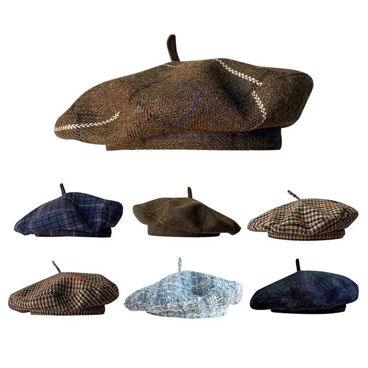 New Berets for Women in Autumn Winter British Inspired Checkered Design UFO shaped Face Slimming Retro Elegant Painter Hats