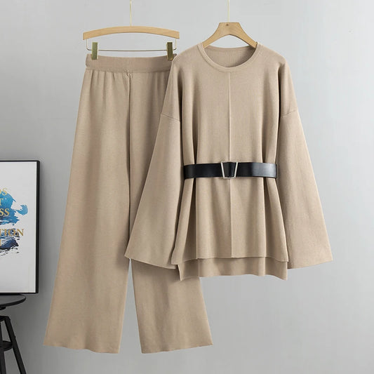 Women's suit Knitted 2 pieces Set Tracksuits Women Thick Casual Loose Sweater+Ankle-Length Pants Warm Suits Fashion Autumn 2025