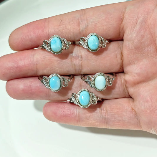 Natural Larimar Ring Adjustable Female Heart ring Jewelry for Women Gift Wholesale High Quality Vintage Fine