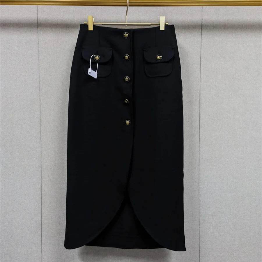 Skirts for Women Luxury Suit Round Neck Single-breasted Retro Temperament Vest Slit Long Skirt 2025 Early Autumn New Style