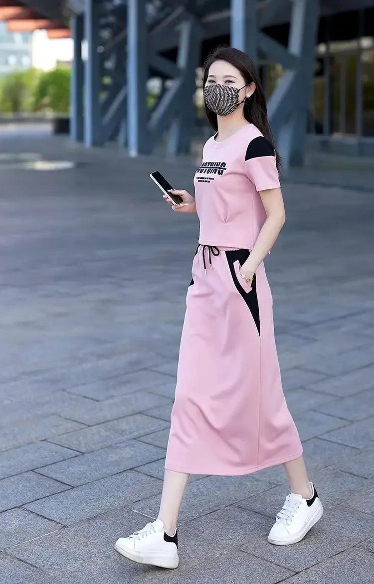 Women's Two Piece Set Short Sleeve Lightly Cooked Slit Skirt Luxury Designer Clothing Y2k Clothes Top and Bottom Female Outfits