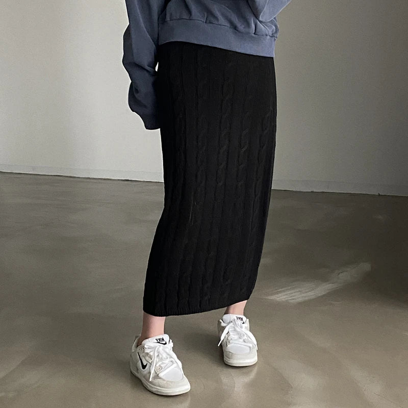Solid Knitted Skirts For Women 2023 Fashion Autumn Winter Slim Long Skirt Vintage Casual Elastic High Waisted Straight Skirt New