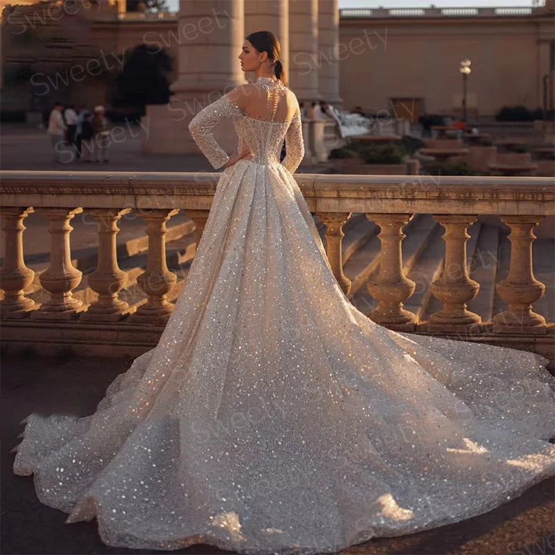 Fully Beaded Wedding Dress Lace With Embroidered A-Line Ball Gown High-Neck Full Sleeve Bridal Dress  Button Vestido De Novia