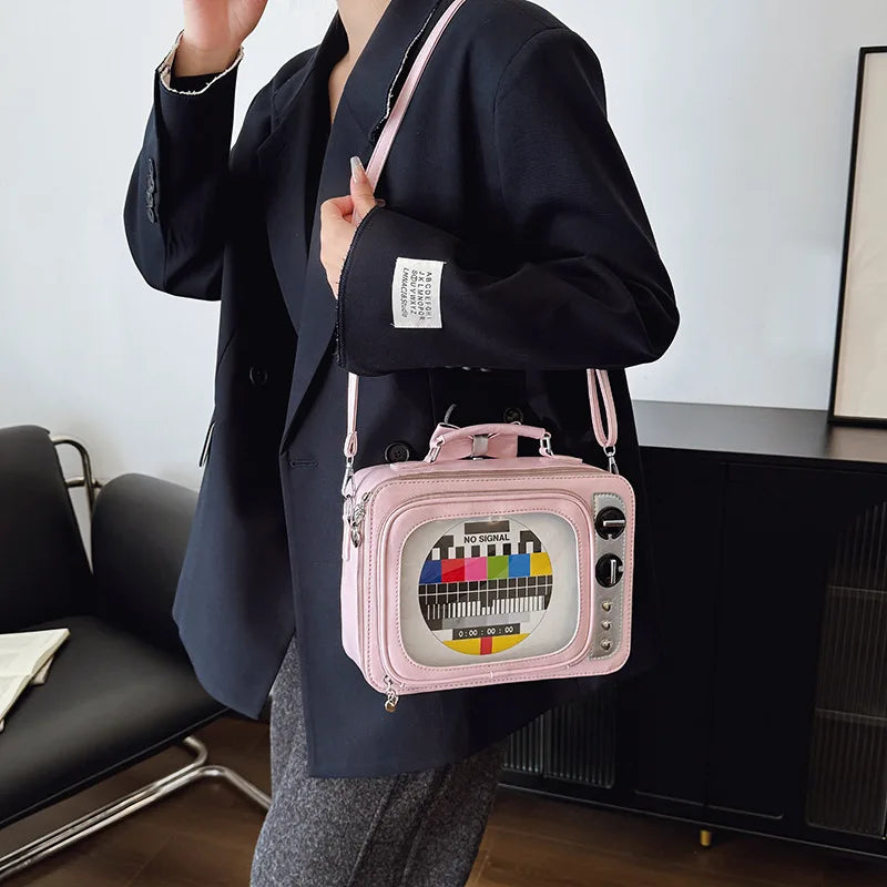 Cartoon Cute Handbags for Women Funny Retro TV Transparent Square Bag Fashion Leather Personalized Creative Shoulder Bag Woman