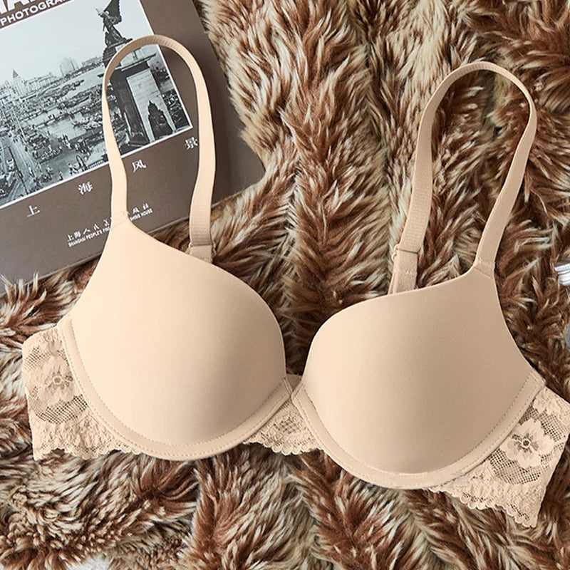 Large Size Bra for Women Non-underwire Gathering Lace Trim Lingerie Deep V Sexy Anti Sagging Push Up Underwear