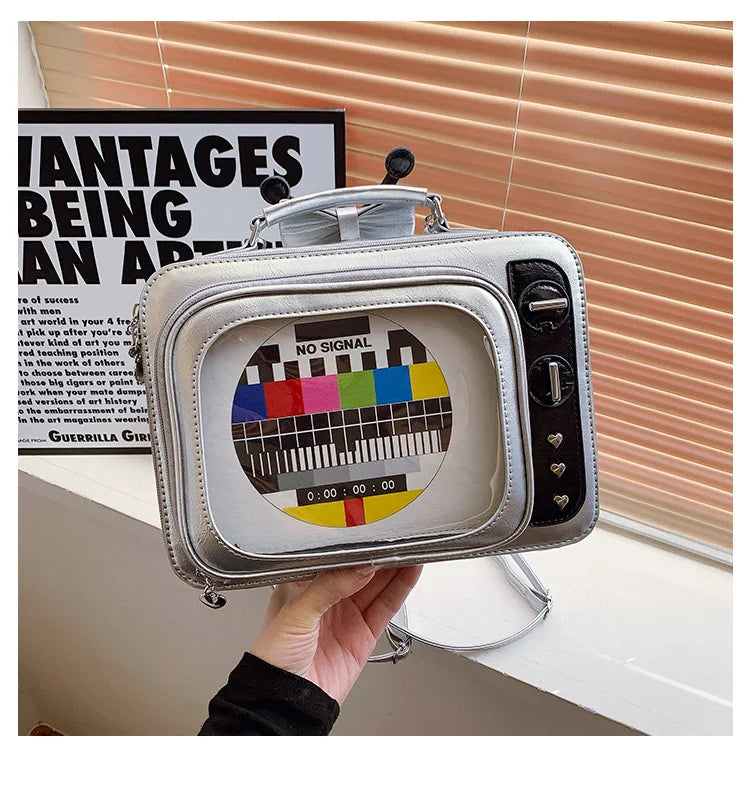 Cartoon Cute Handbags for Women Funny Retro TV Transparent Square Bag Fashion Leather Personalized Creative Shoulder Bag Woman