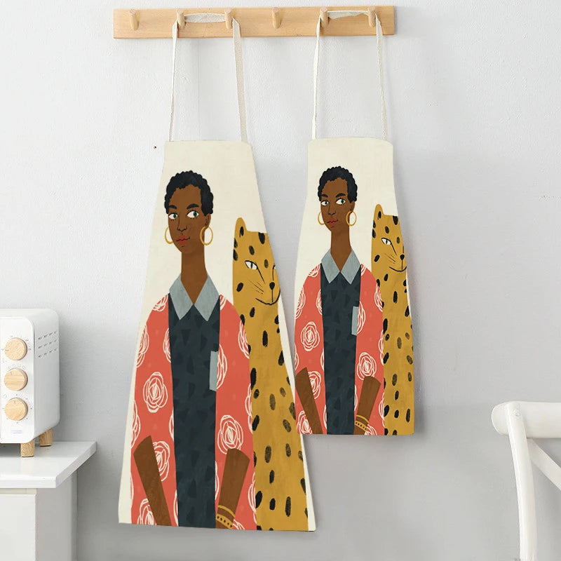 Kitchen Apron Modern Girl Plants Pattern Linen Aprons for Women Men Household Cleaning Apron Cooking Baking Accessories