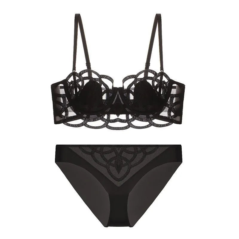 Women's Sexy Underwear Bra Female Hollow Out Thin Cotton Rabbit Ear Cup Soft Breathable Gathering Lace Large-sized Bra Everyday