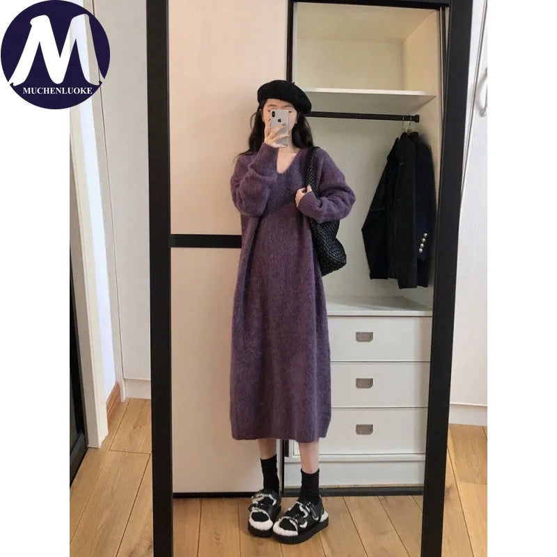 Sweater for Woman Autumn Winter Lazy Style V Neck Knitted Dresses Korean Fashion Casual Loose Thickened Warmth Sweaters Dress
