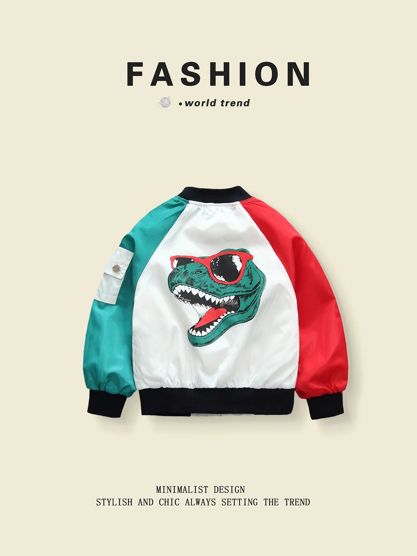 Spring - Autumn Outerwear: Fashionable Color - Blocked Dinosaur - Themed Windbreakers for Boys 3 - 10 Y