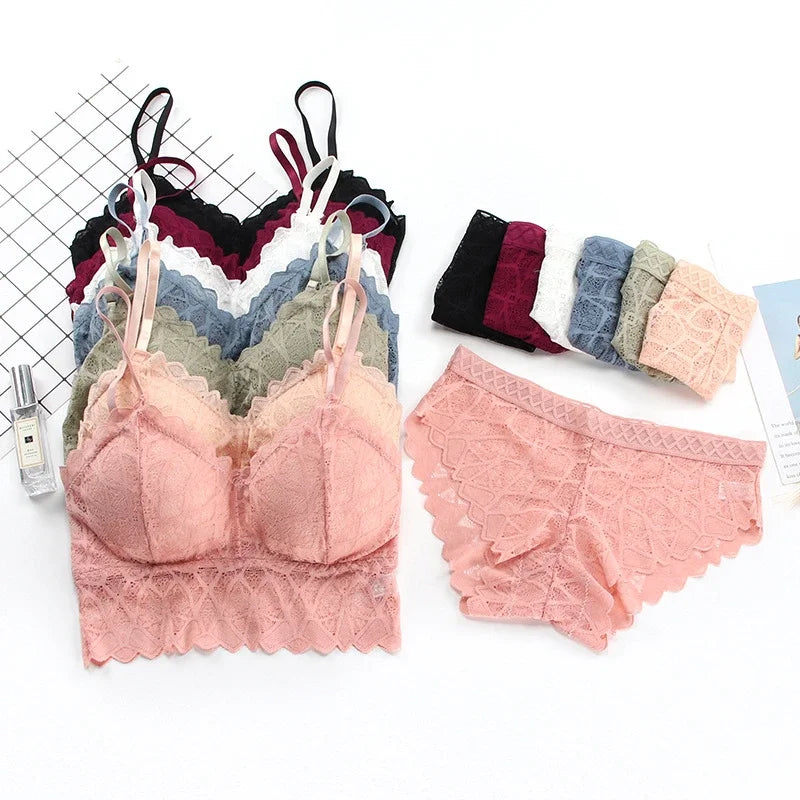 Women's Bra Set Sexy Beauty Back Tops Lace Push-up Bras and Panty Sets Wire Free Lingerie Solid Padded Intimates Underwear