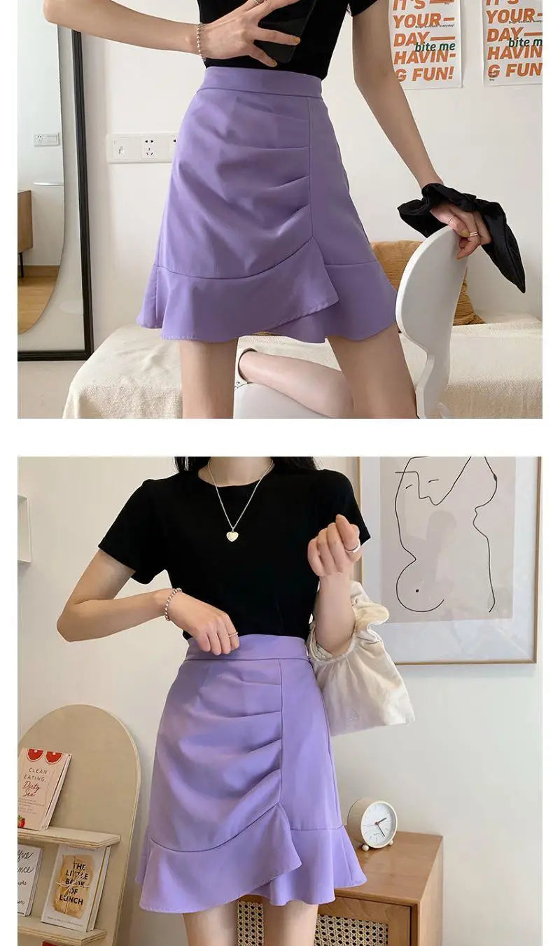 Irregular High Waist Skirts for Female Summer New Korean Fashion All-match Bag Hip A-Line Solid Color Ruffles Spliced Mini Skirt