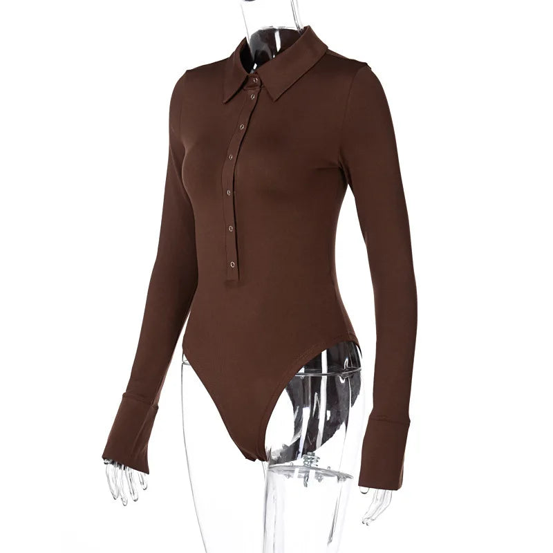 Long Sleeve Bodysuit Women Y2k Clothes Button Lapel Sexy Tops Autumn Winter Fashion Stretch Tight Elegant Body Suits Women 2024