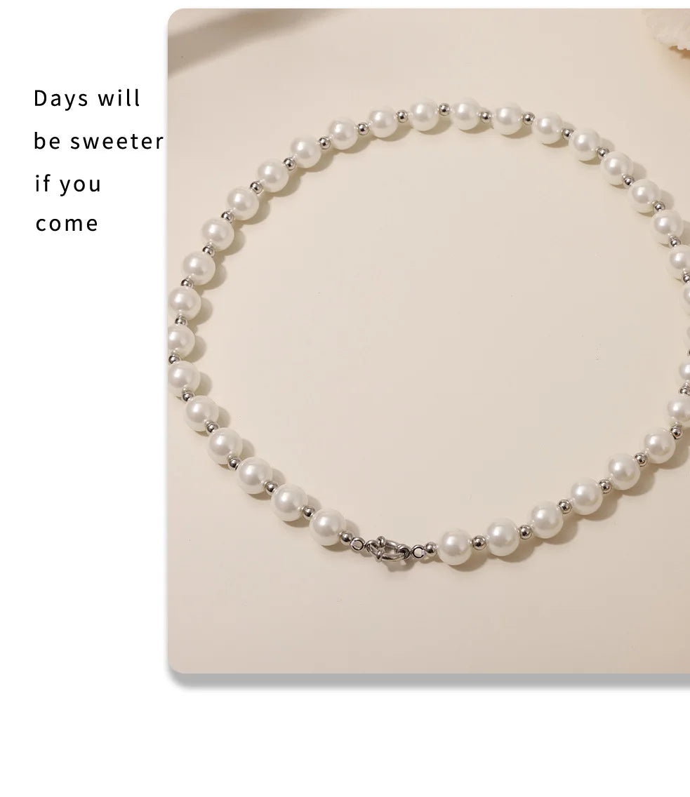 Necklace for Women No Fade Clavicle Chain 12mm White Shell Beaded Stainless Steel Charm Female Jewelry Gift