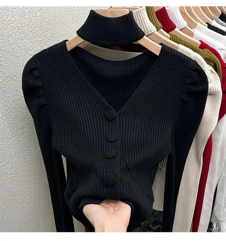 Red Sweater Knitted Sweater Women's Inner Layering Shirt with Unique Unique V-neck Halter Top Design for Autumn and Winter