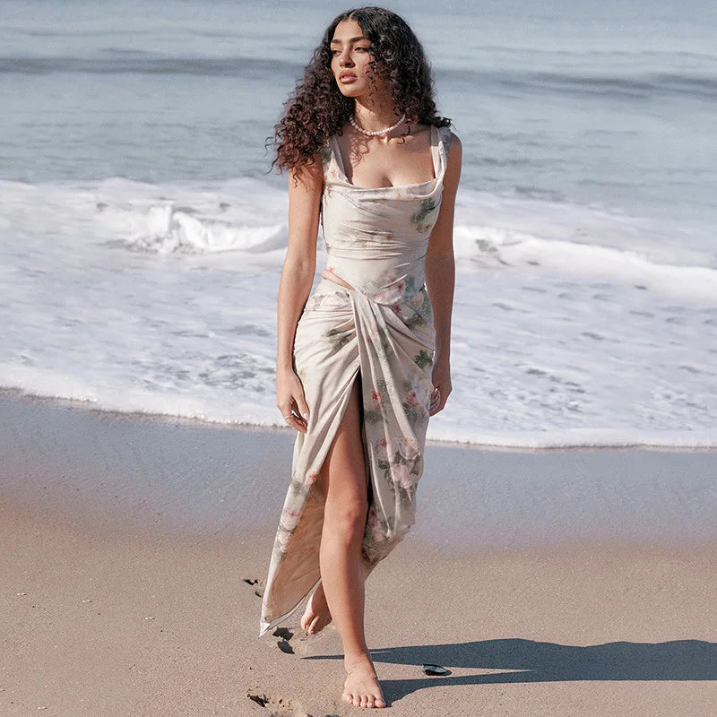 Floral Print Two Piece Dress Set For Women Outfits New In Matching Sets Corset Tops And High Waist Long Skirt Summer 2024