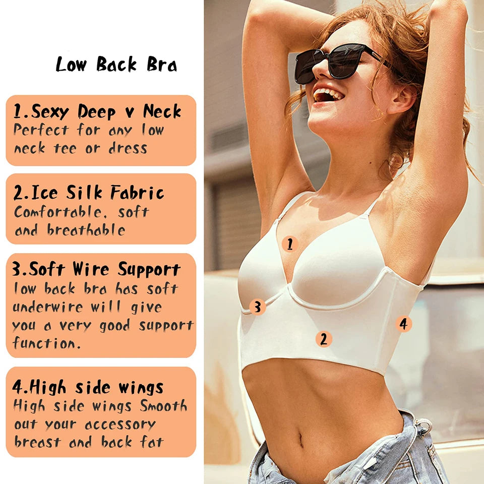 Low Back Bra for Women Seamless Wired V Plunge Invisible Underwear Backless Bras Low Cut Multiway Halter Bra Sexy Cami Tank Top