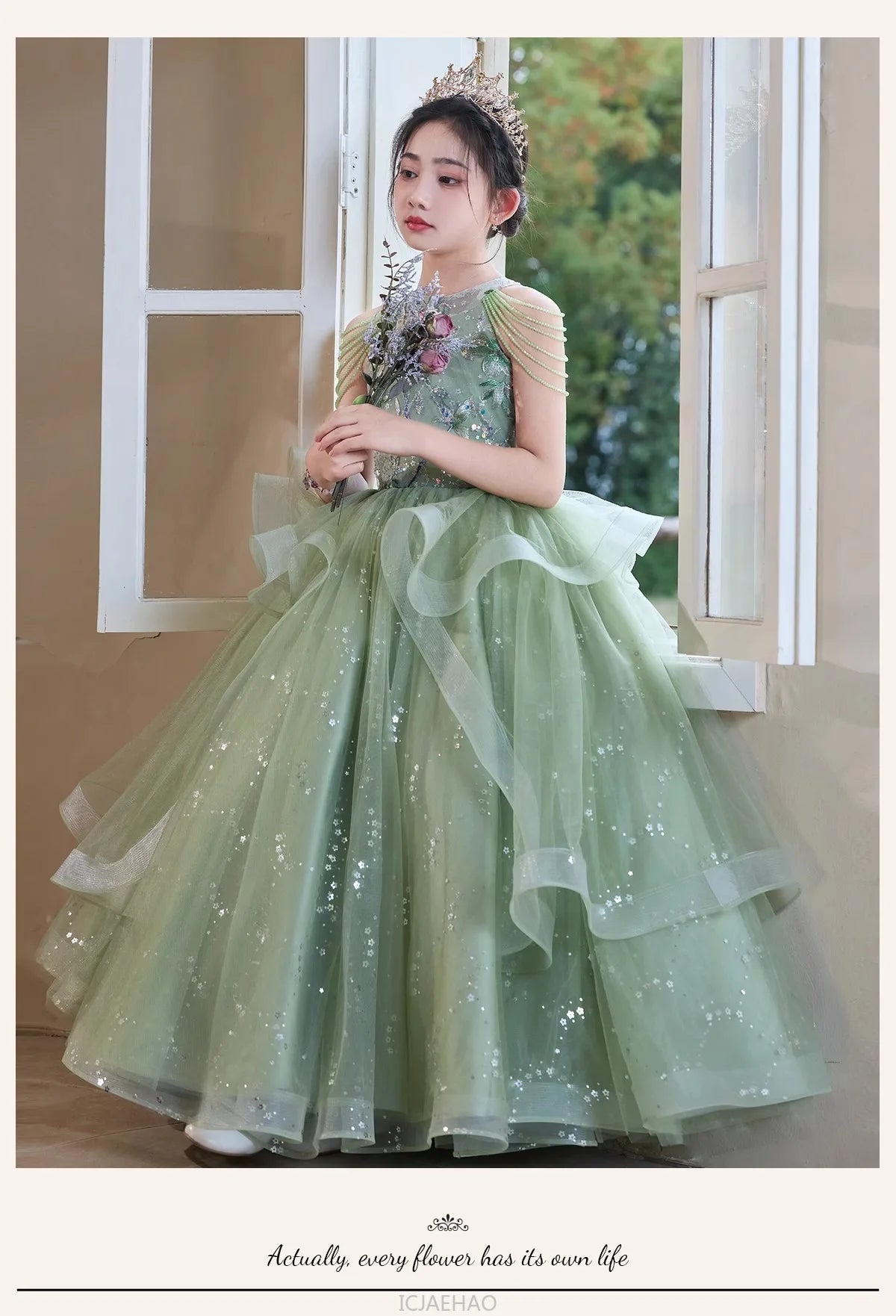 Teen Girl Clothes Green Girls Princess Dress Kids Pageant Host Gown Birthday Party Outfit PianoFormal Wear Recital Performance