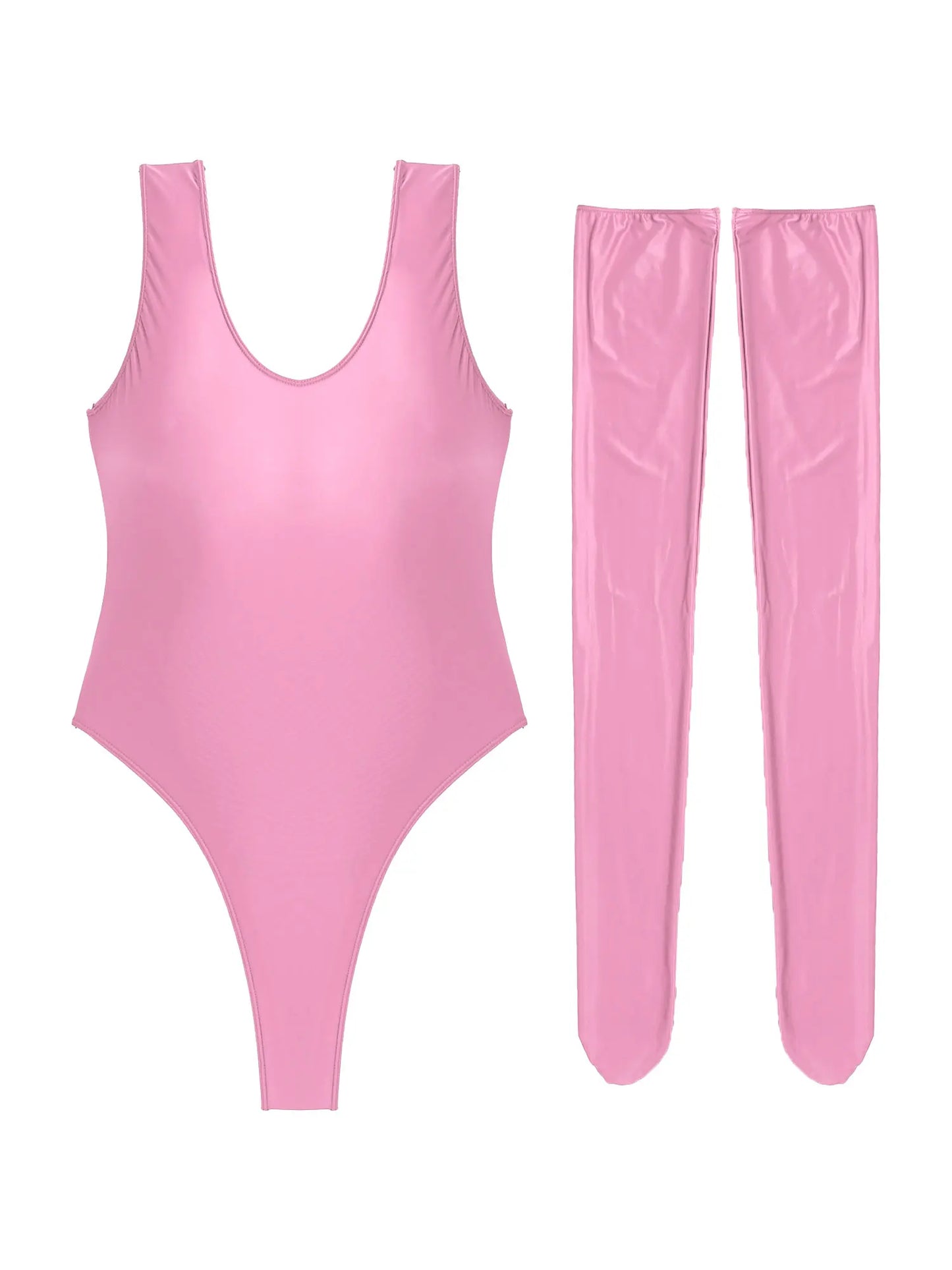 Women Sexy High Cut Bodysuit with Stocking Outfits Metallic Glossy Sleeveless Stretchy Tights One-piece Swimsuit Clubwear