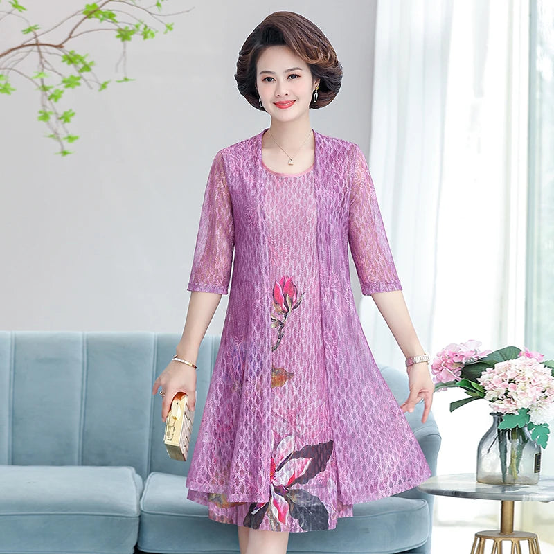 Elegant Dresses Women NEW Summer Casual Retro Temperament printing two Piece Set Dress Mother Dress plus Size