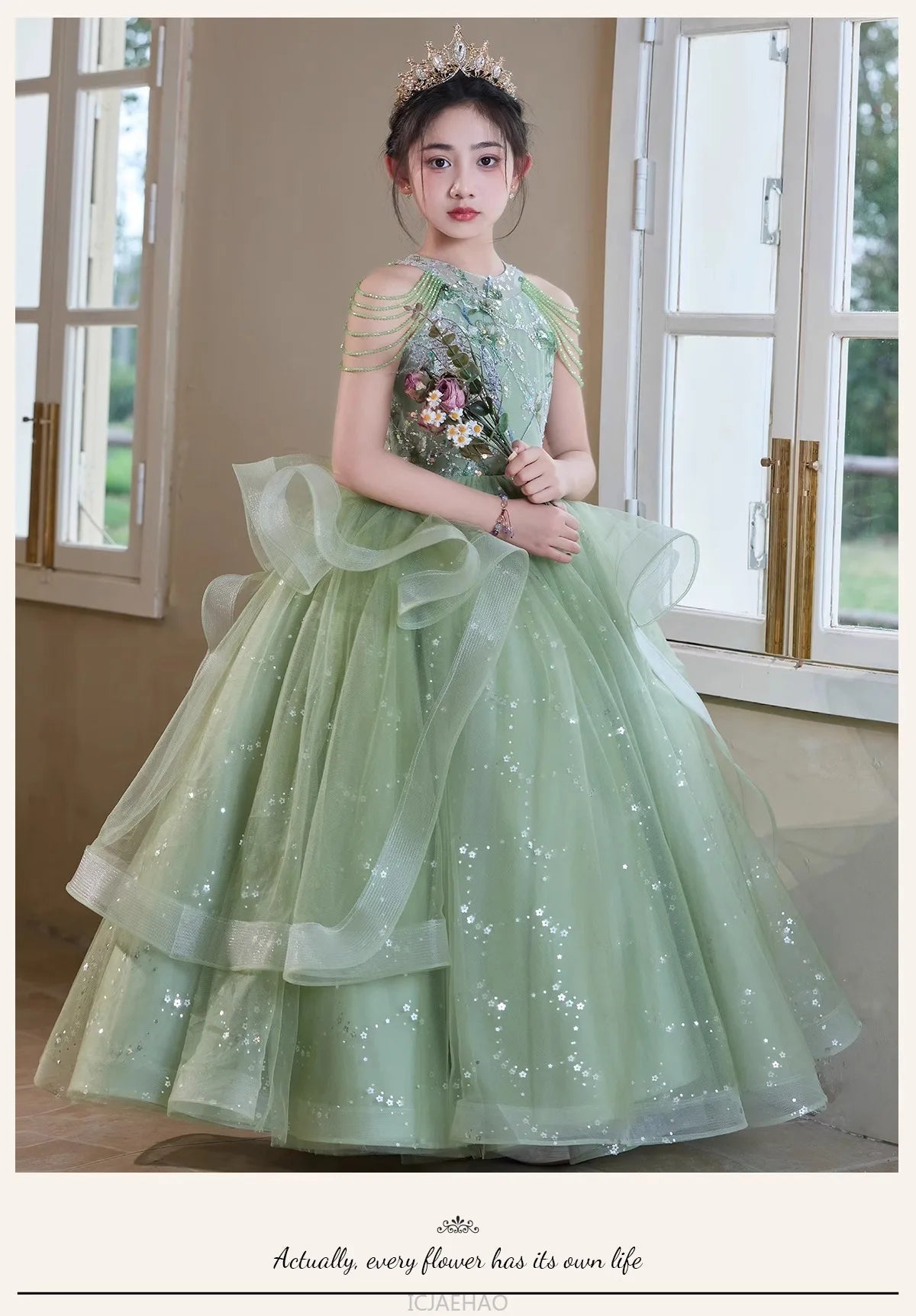 Teen Girl Clothes Green Girls Princess Dress Kids Pageant Host Gown Birthday Party Outfit PianoFormal Wear Recital Performance