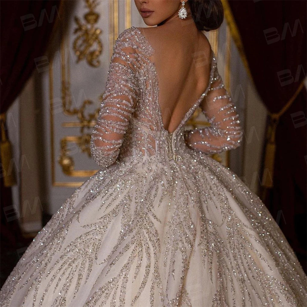 Beaded Sexy Bride Dresses Vestidos De Novia Luxury Hand Beaded Long Sleeve Wedding Dress Ball Gown Long Chapel Train