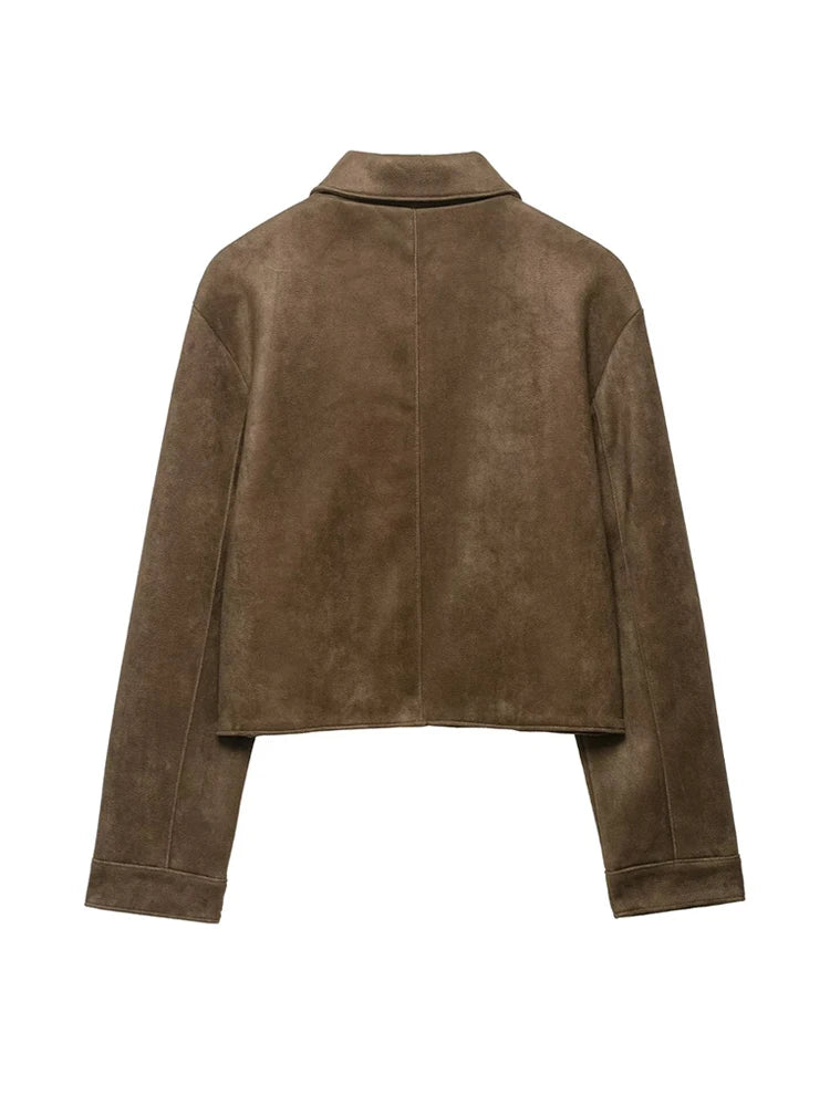 Women Fashion Faux Suede Jacket Coat Long Sleeve Button-up Female Outerwear Chic Tops