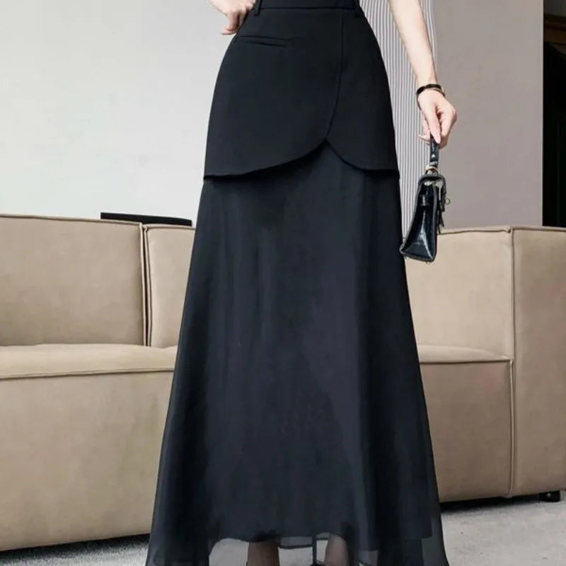 Fashion Skirts for Women All-match Black Cool Girls Summer High Waist Casual Ankle-length Loose A-line Patchwork New Fake 2 Pcs