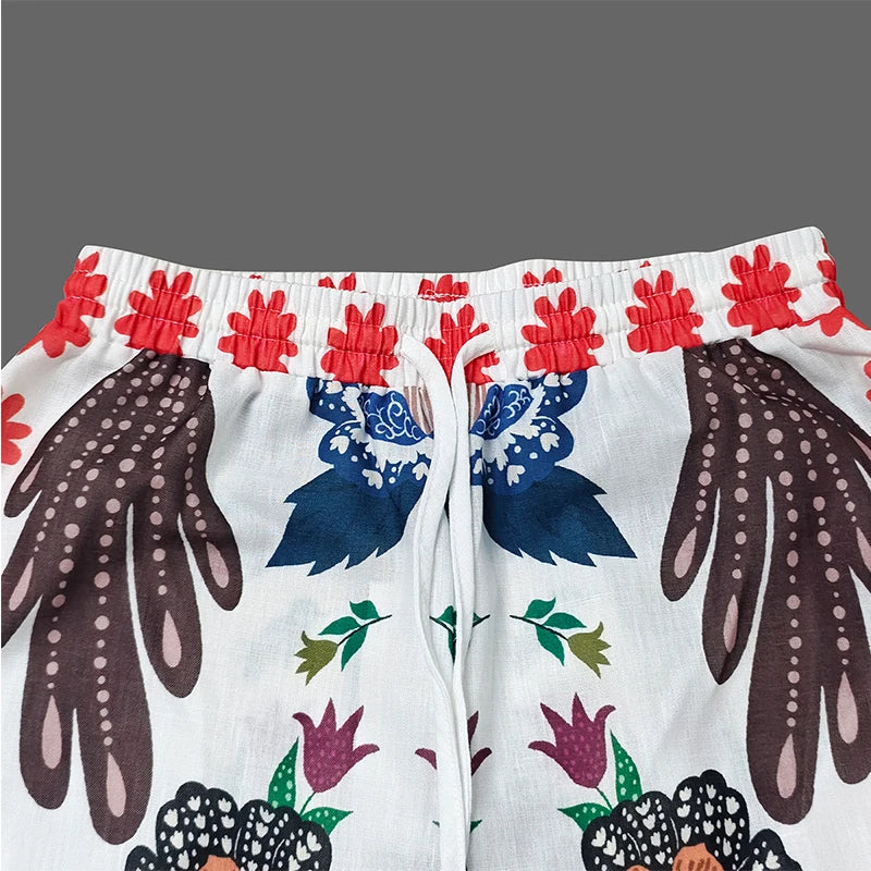 Women's Two-piece Set Tribal Style Printed V-Neck Blouses Casual Loose Drawstring Elasticity Pants Fashion Female Pants