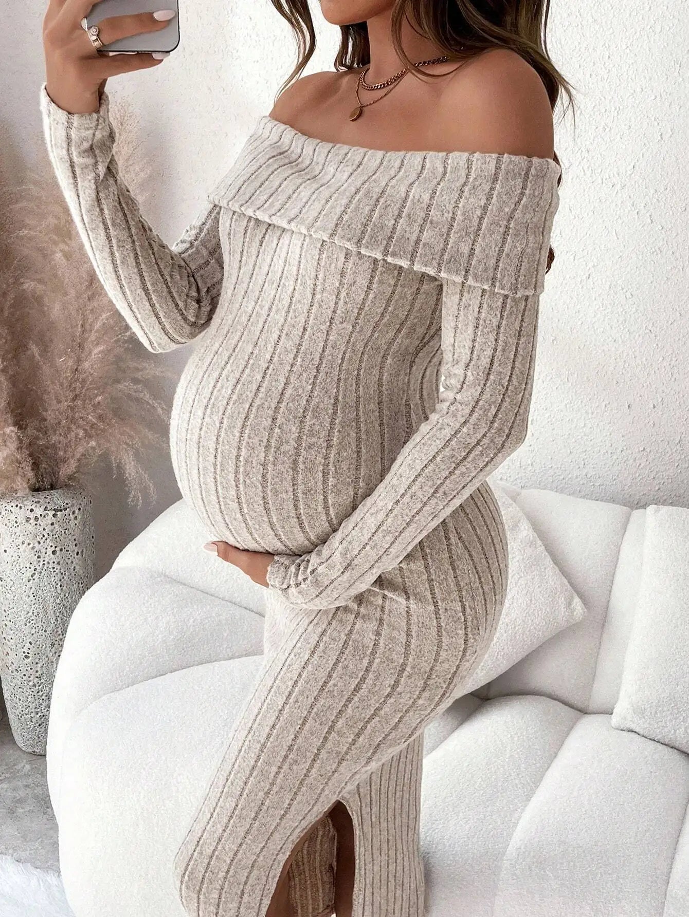 Maternity Clothes Pregnant Women Dress Photoshoot Clothing Autumn Winter One-shoulder Slimming Body-hugging Long-sleeved Knitted