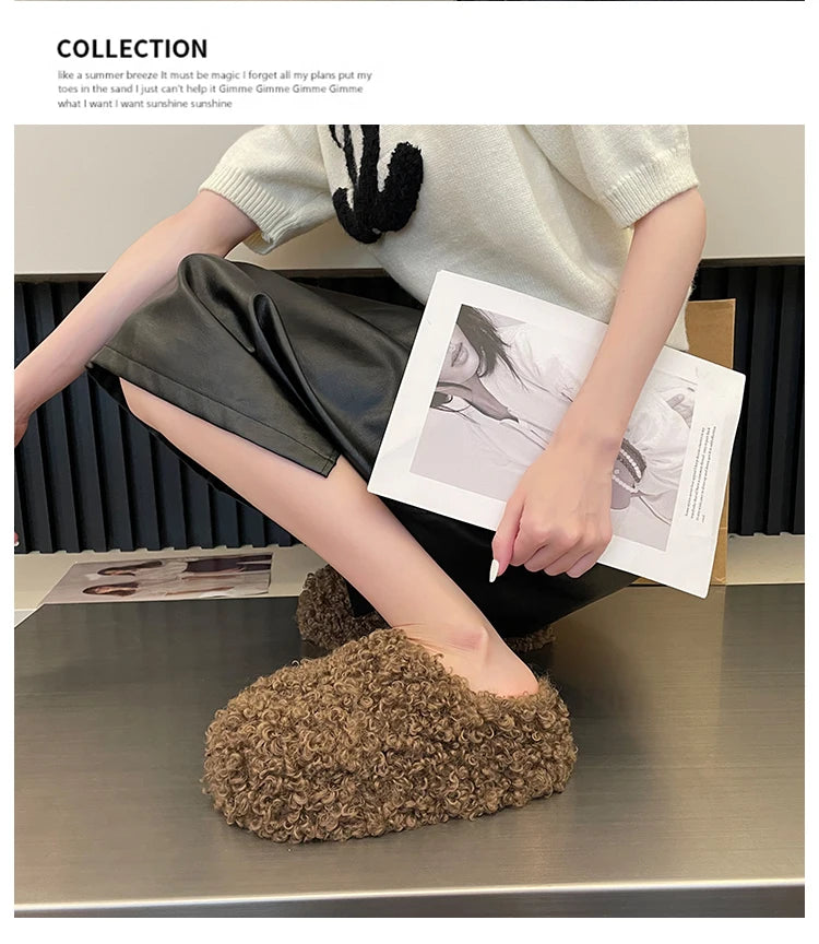 Shoes Woman 2025 Cover Toe Slippers Casual Platform Fur Flip Flops Pantofle Luxury Plush New Slides Shoes Woman 2024 Plush Slipp