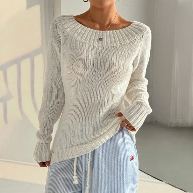 Sweater  Autumn/Winter White Simple One Word Collar Hoodie With Oblique Shoulder Out Long Sleeve Women's Knitted Casual Women