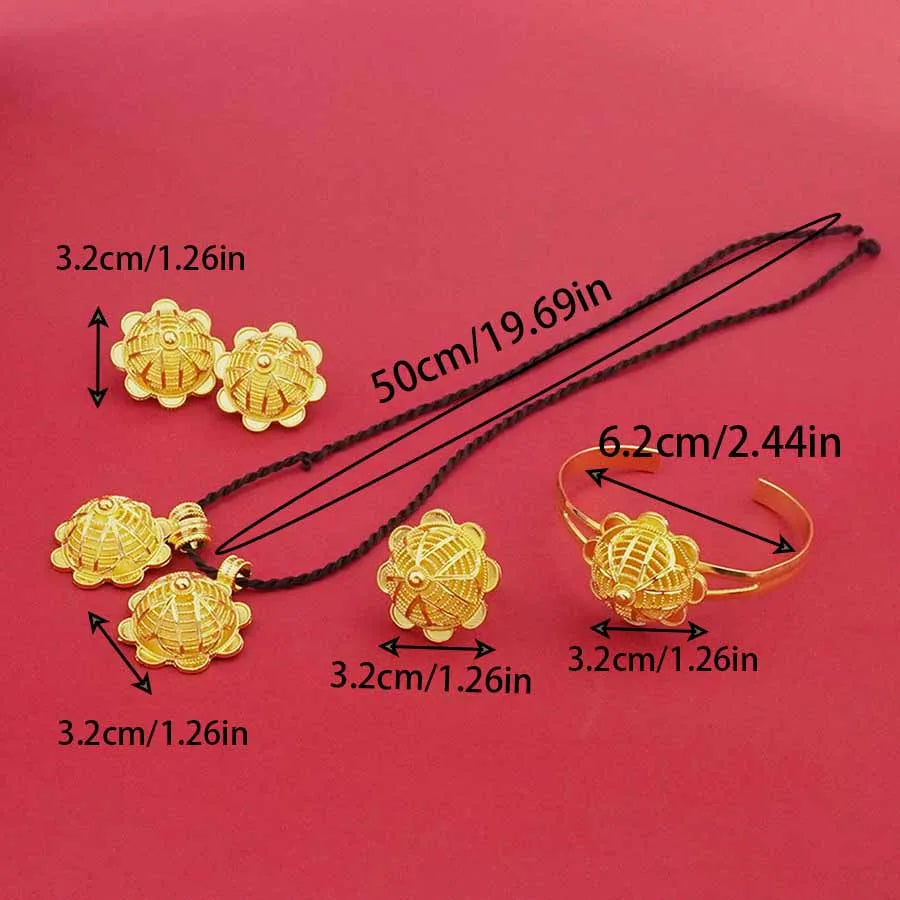 Classic 24K gold-plated jewelry necklace, bracelet, ring, earring flower design women's Habesha wedding gift Ethiopia set