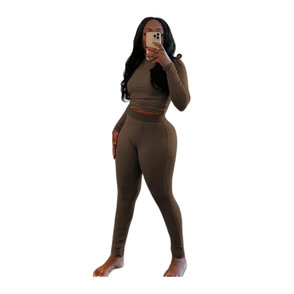 Elastic Yoga Outfits Lounge Sets for Women Autumn 2 Piece Set Ladies Activewear Basic Ribbed Long Sleeve Casual Jogging Suit