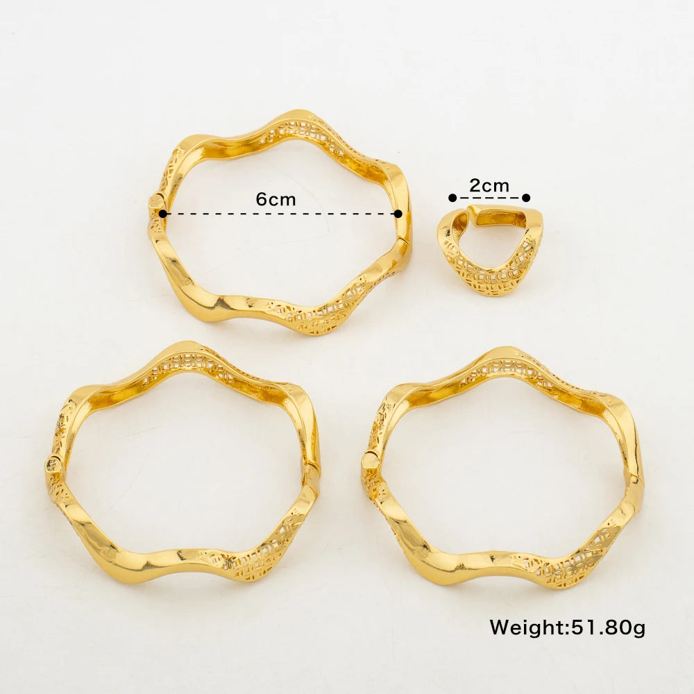 Fashion Bangle With Ring For Women 18K Gold Plated Bracelet Jewelry Sets Nigerian Wedding Party Gift Dubai Design Bracelet